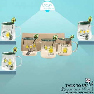 Ly thủy tinh TRÁI BƠ - KHẮC TÊN THEO YÊU CẦU ý nghĩa, cốc sứ CÓ NẮP THÌA, dung tích 400ml, HÔP QUÀ TẶNG in logo, in hình