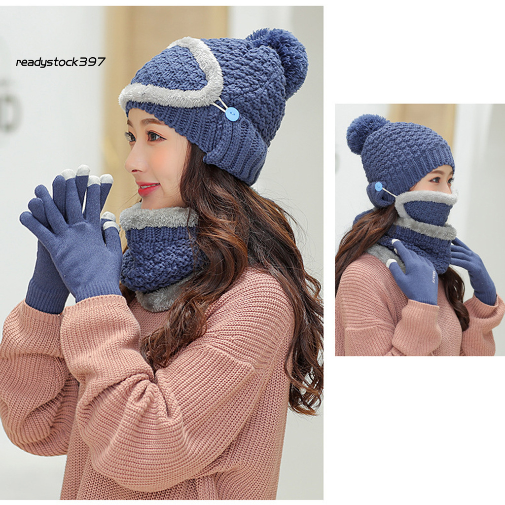 Re Four-Piece Women Winter Warm Wool Hat Cap Face Cover Bib Gloves Neckerchief Set