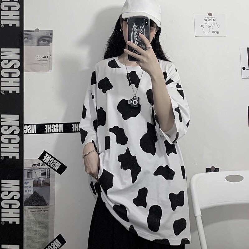 Áo Thun Cotton Hình Bò Sữa Ngắn Tay Siêu Hot 2021 - Áo Phông Nam Nữ Unisex Loang Đen Trắng