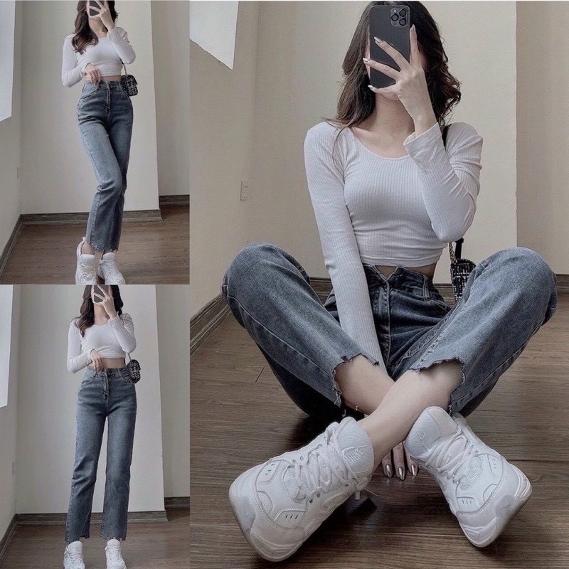 Quần Jeans Nữ Ống Đứng - Quần bò Nữ Ống Đứng Cạp Cao Co Dãn 4 Chiều Cắt Gấu