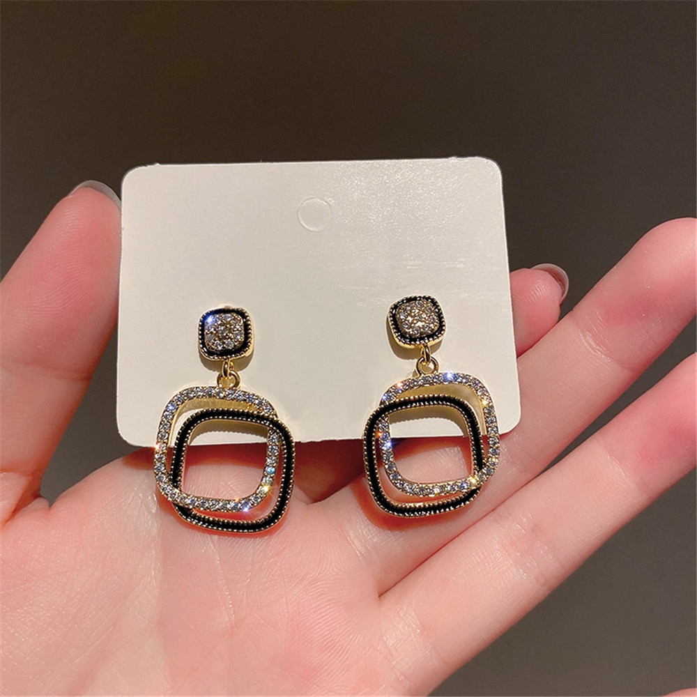 Bông Tai Hình Tròn Lớn Đính Kim Cương Trắng/ Đen Phong Cách Hàn Quốc Thời Trang Cho Nữ