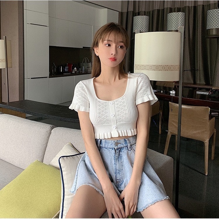 Áo len ZHELIHANGFEI tay ngắn cổ vuông thời trang trẻ trung cho nữ