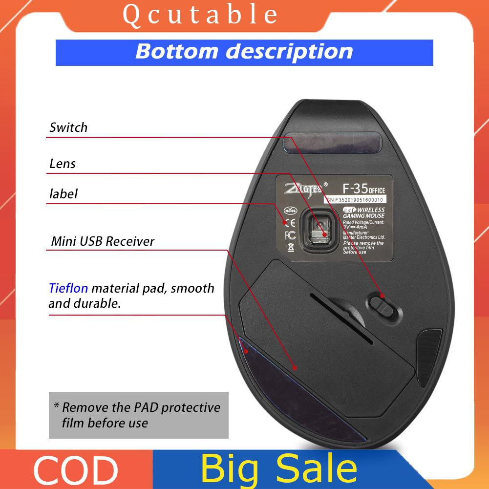 ZELOTES F-35A 2.4GHz Wireless Vertical 2400DPI Adjustable Optical PC Mouse 