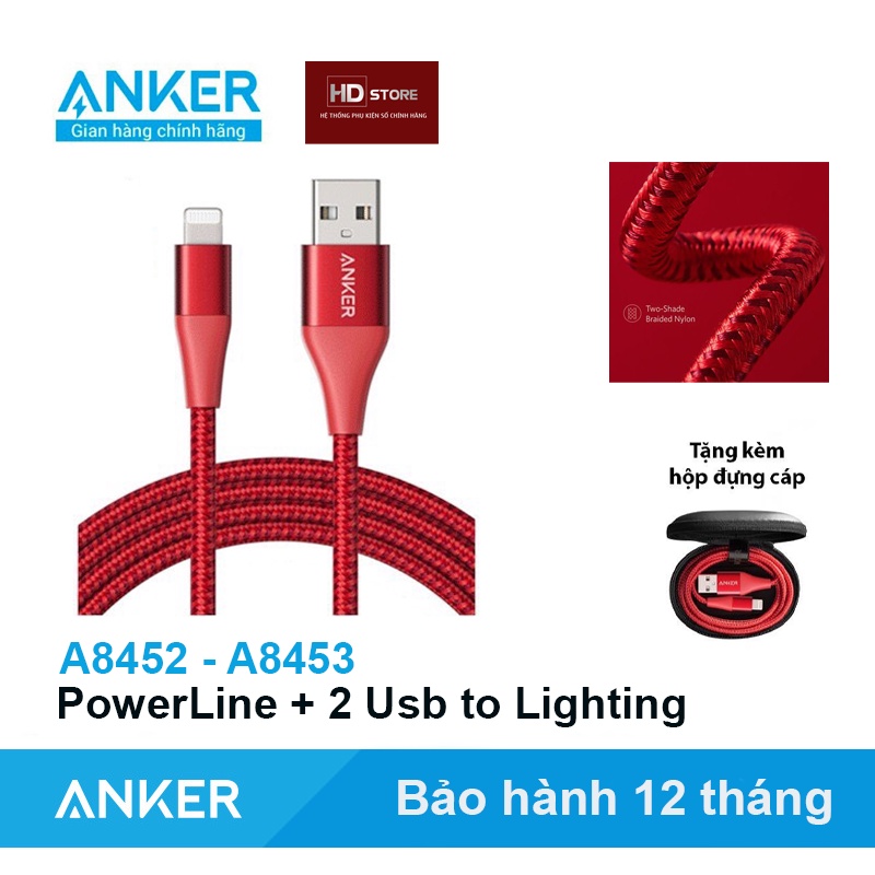 Dây sạc ANKER  Powerline + II Usb to Lighting MFI Chip C89 Bạc - A8452  A8453 dài 1.8 Mét dài 0.9 Mét HD Store