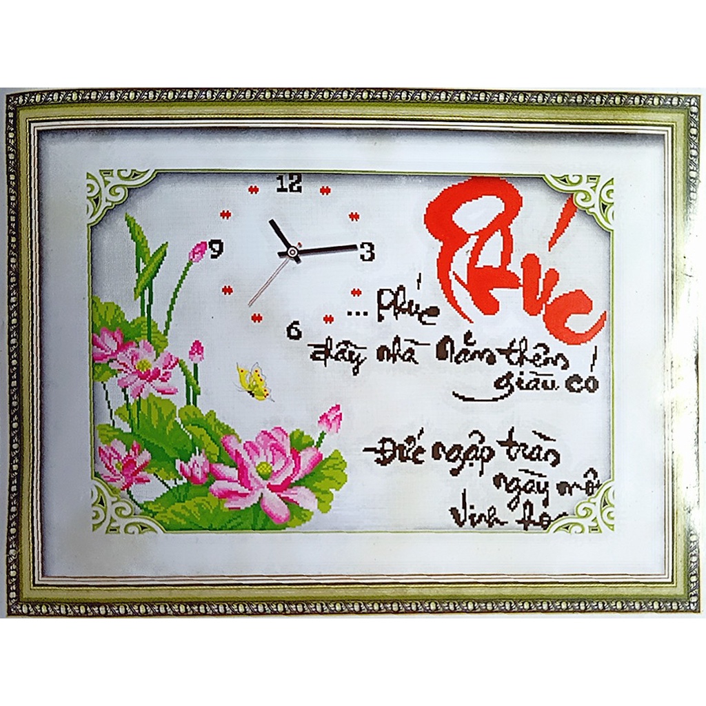 Xả lỗ tranh thêu kín đồng hồ thư pháp chữ Phúc size 68*48cm