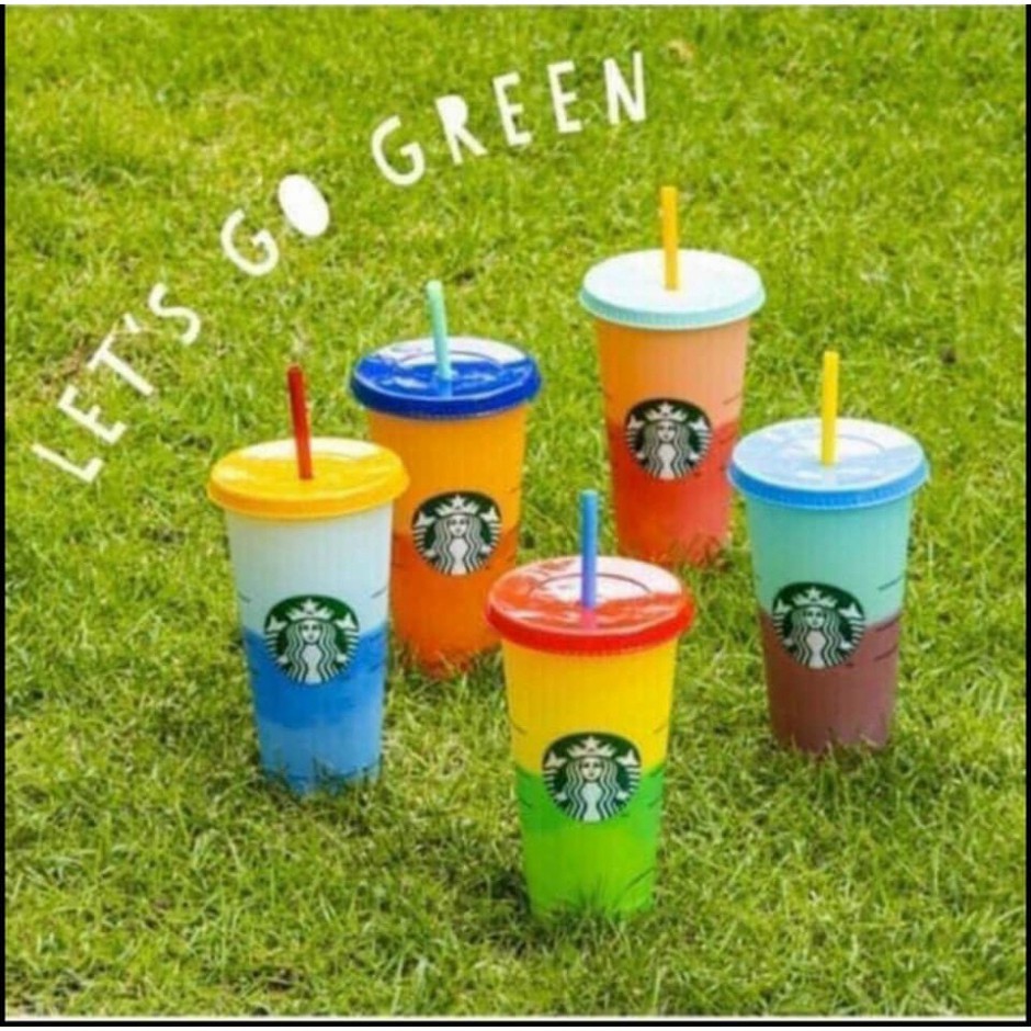 Sét 5 cốc nhựa Starbucks đựng nước đổi màu tặng kèm nắp và ống hút . .