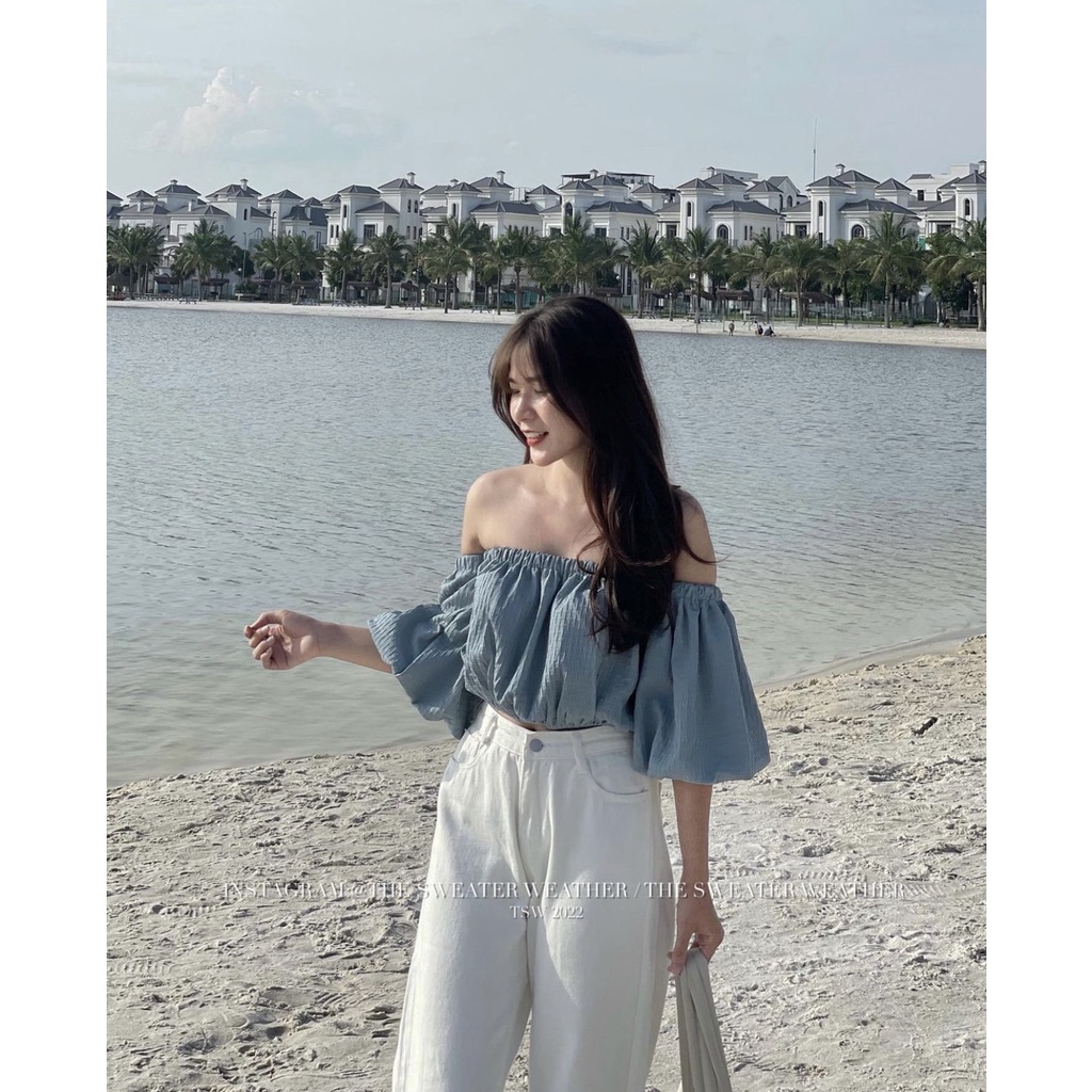 Áo trễ vai xốp tay siêu bồng croptop Hàn Quốc