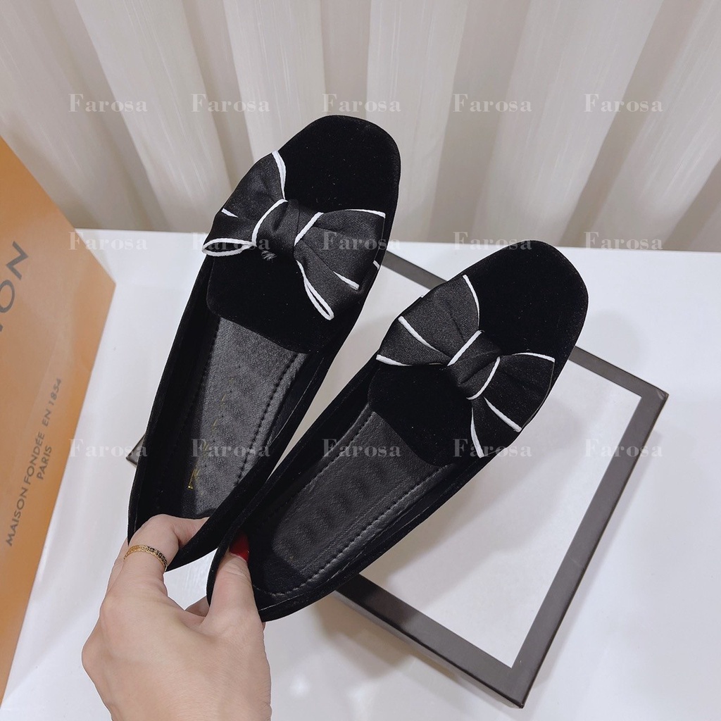 Giày búp bê mữ mũi vuông phối nơ kẻ FAROSA lên chân cực xinh xắn