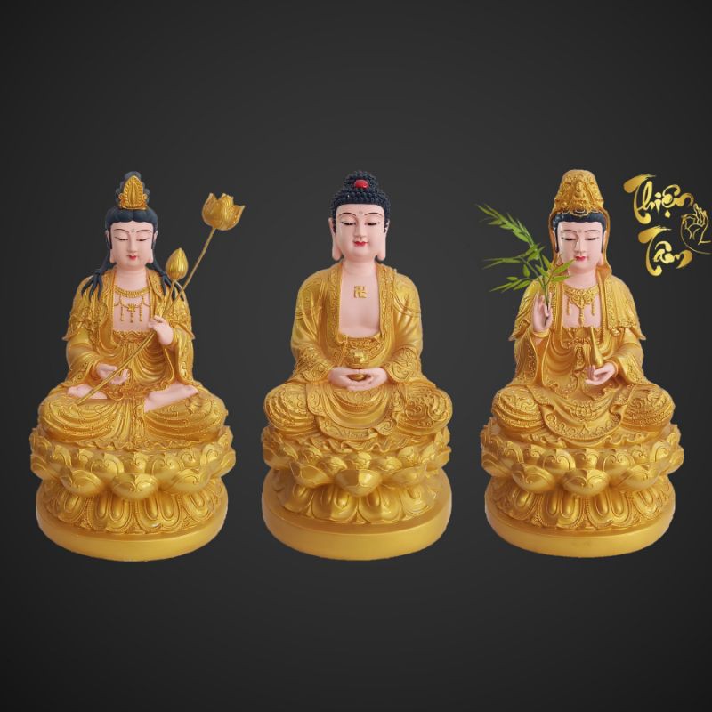 bộ Tượng Tây Phương Tam Thánh Ngồi 50cm - Sơn Vàng - mẫu tượng Đài Loan