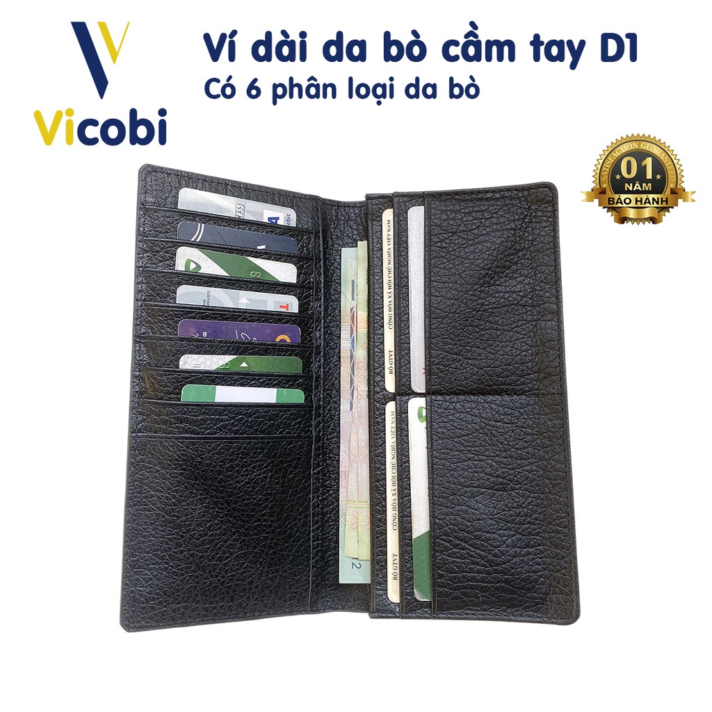 Ví dài da bò Vicobi D1, bóp dài cầm tay đựng thẻ card ATM, CMND, GPLX cà vẹt bằng lái xe mới cũ, Made in VietNam new :
