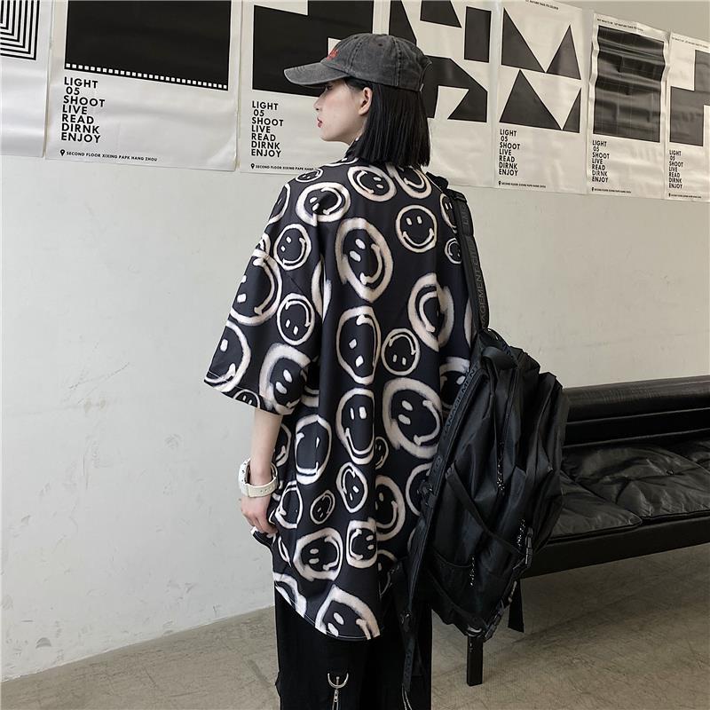 Áo Thun Tay Ngắn Dáng Rộng In Hình Mặt Cười Phong Cách Hip Hop Đường Phố Thời Trang Mùa Hè Cho Nam Và Nữ