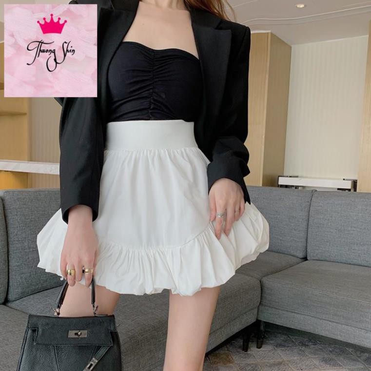 (ORDER) Chân váy vải thô cạp cao nhún bèo xòe ngắn phồng bồng bềnh style độc đáo cá tính Hong Kong
