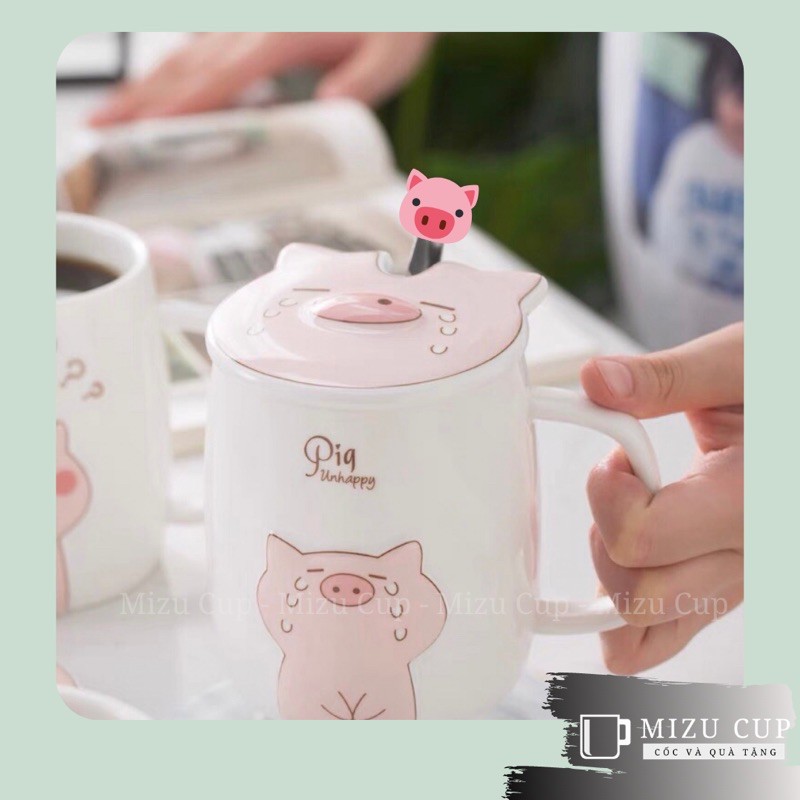 Cốc gốm sứ cao cấp hình bé heo biểu cảm siêu dễ thương kèm nắp thìa