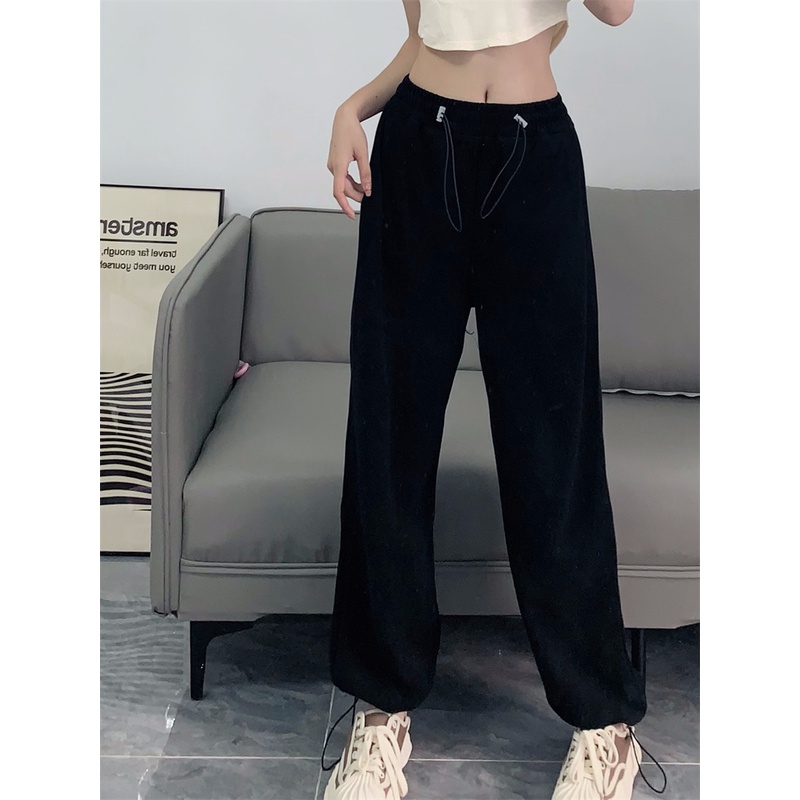 Quần Thể Thao Nữ Dài Lưng Cao Ống Rộng Màu Đen Phong Cách Hàn Quốc