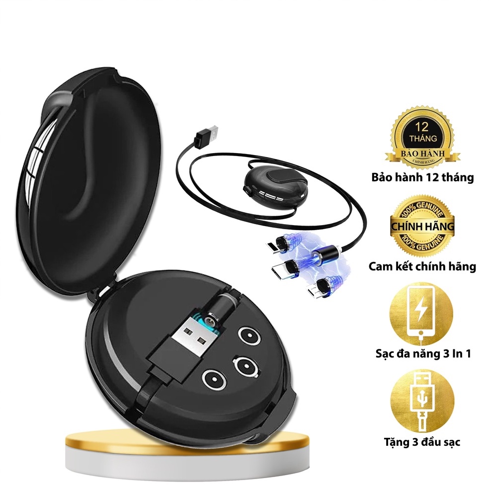 Cáp Sạc Nam Châm Hộp Rút Floveme-3IN1 combo 3 chân sạc ,Micro usb,Type C chắc chắn,chống rối,Dài 1M
