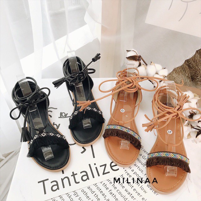 [Drop] Giày sandal thổ cẩm buộc dây màu đen phong cách boho