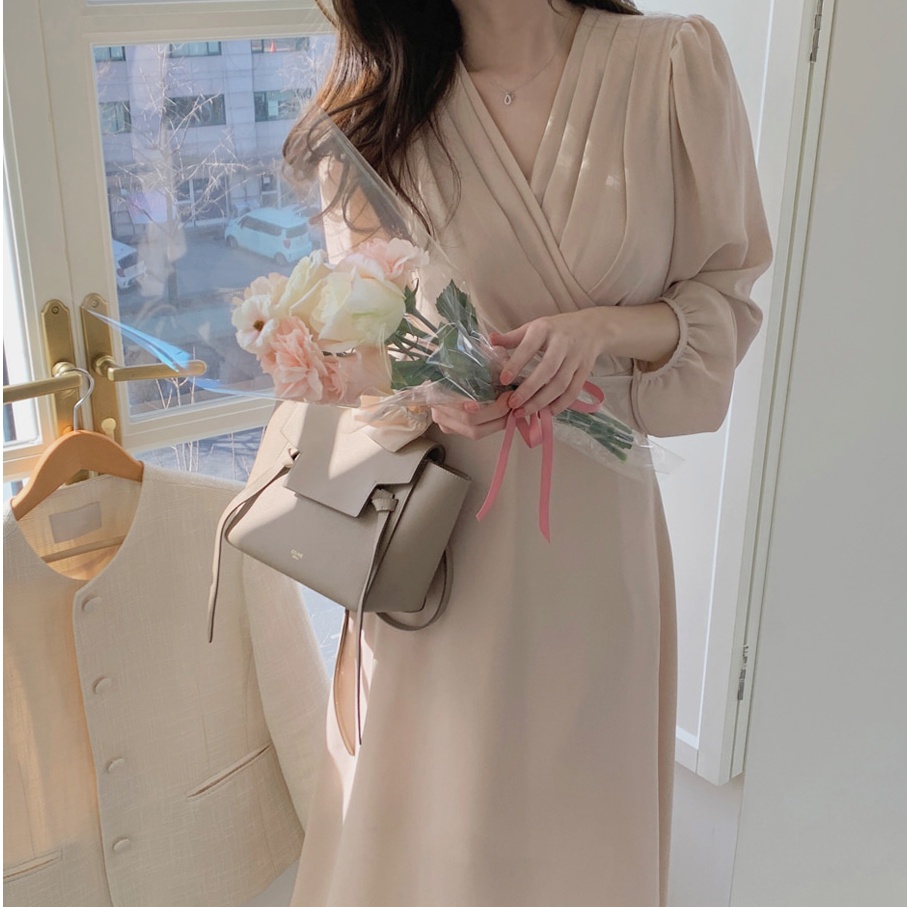 SUXI Đầm Maxi Dài Tay Cổ Chữ V Màu Sắc Đơn Giản Thời Trang Mùa Hè Cho Nữ