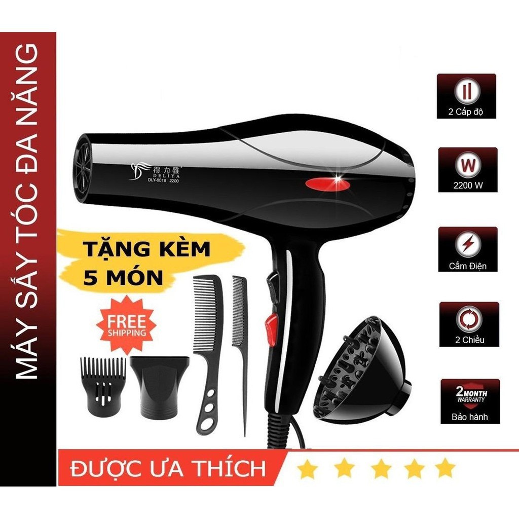 Máy Sấy Tóc Tạo Kiểu Deliya Công Suất Lớn 2200W Tặng Kèm Bộ Phụ Kiện 5 Chi Tiết