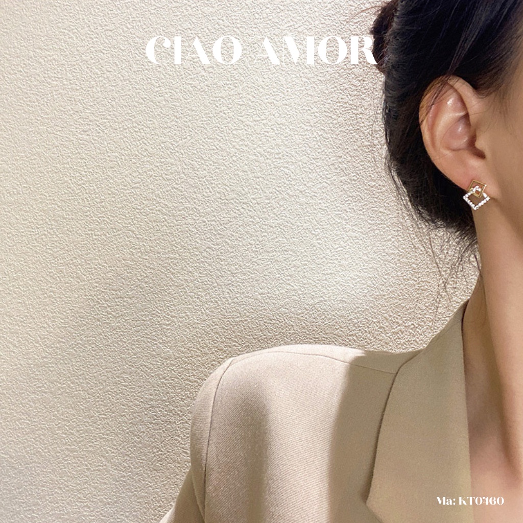 KT0460-Khuyên tai nữ, Bông tai nữ nụ bạc 925 vuông nhỏ xếp đính ngọc Trang sức Ciao Amor
