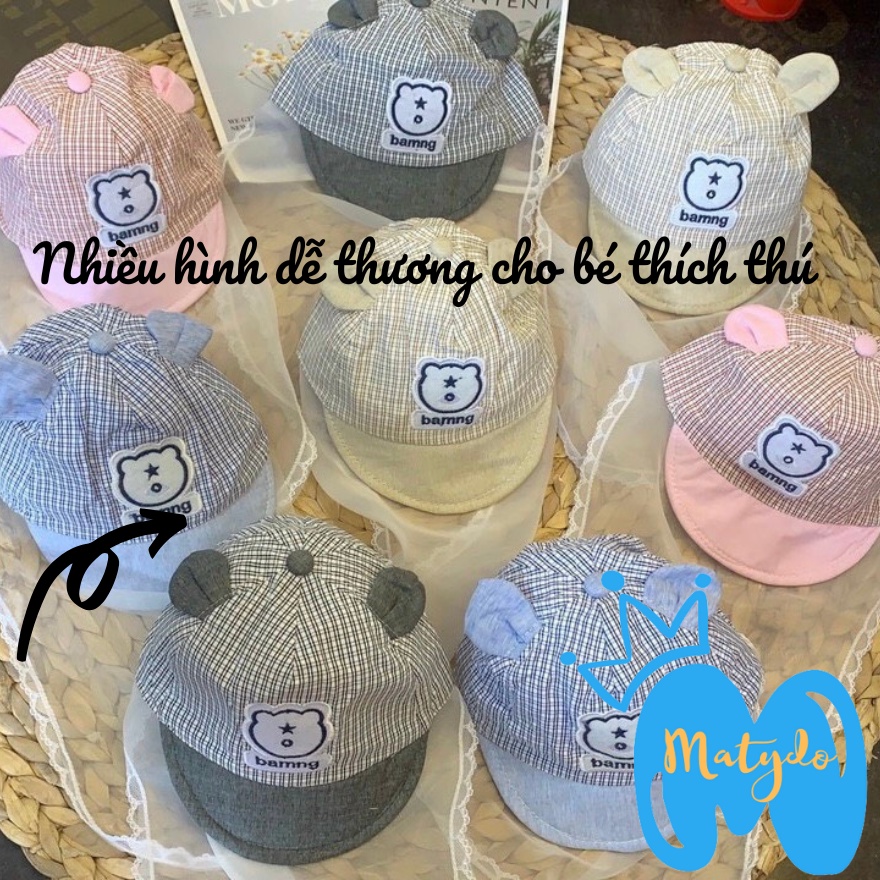 Mũ cho bé sơ sinh đẹp có khăn voan che mặt nón chống dịch chống bụi cho trẻ đi tiêm phòng an toàn gấu kẻ 0-6 tháng