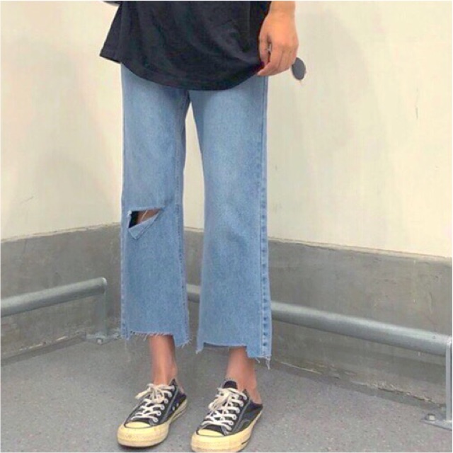 [Đại 30~35]Quần Ống Rộng 9 Tấc Rách 1 Gối Và u 2Lai Đậm/Nhạt TUA LAI-Quần Size Đại Dành Cho Bạn Cần Giấu Khuyết Điểm