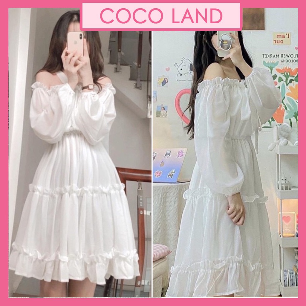 váy trễ vai trắng tay bồng dáng dài, đầm trễ vai tiểu thư dự tiệc chất đẹp, ulzzang xinh xắn