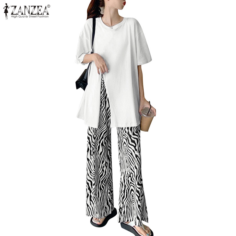 Set đồ 2 mảnh Zanzea gồm áo thun tay ngắn cổ tròn kèm quần dài lưng thun thời trang cá tính cho nữ