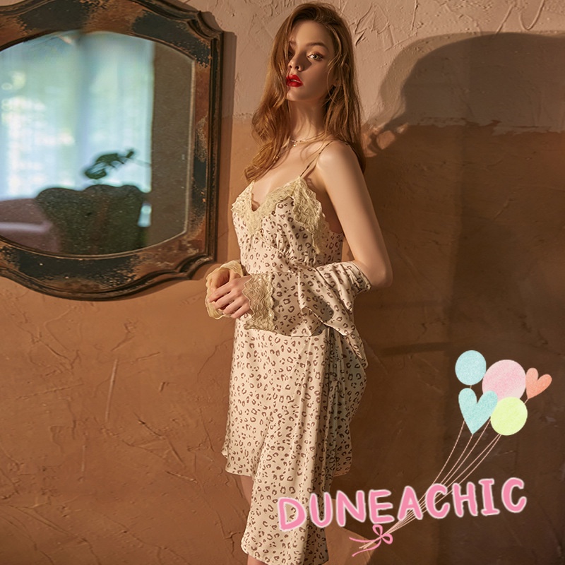 Đầm Ngủ Hai Dây Vải Satin Phối Ren Họa Tiết Da Báo Kèm Áo Choàng Cardigan Dành Cho Nữ