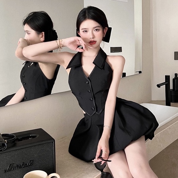 Bộ Áo Không Tay Dáng Ôm + Chân Váy Chữ A Lưng Cao Màu Đen Thời Trang Mùa Hè Quyến Rũ Cho Nữ