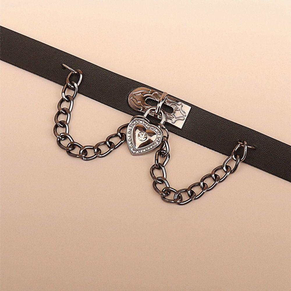Vòng Cổ Choker Da PU Phối Dây Xích Kim Loại Mặt Trái Tim Phong Cách Gothic Quyến Rũ