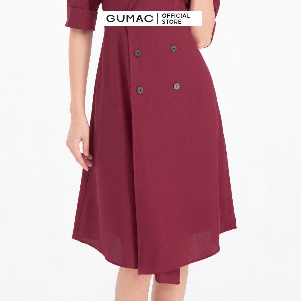 Đầm xòe nữ cổ vest đính nút GUMAC màu đỏ tay lỡ sang trọng DB698
