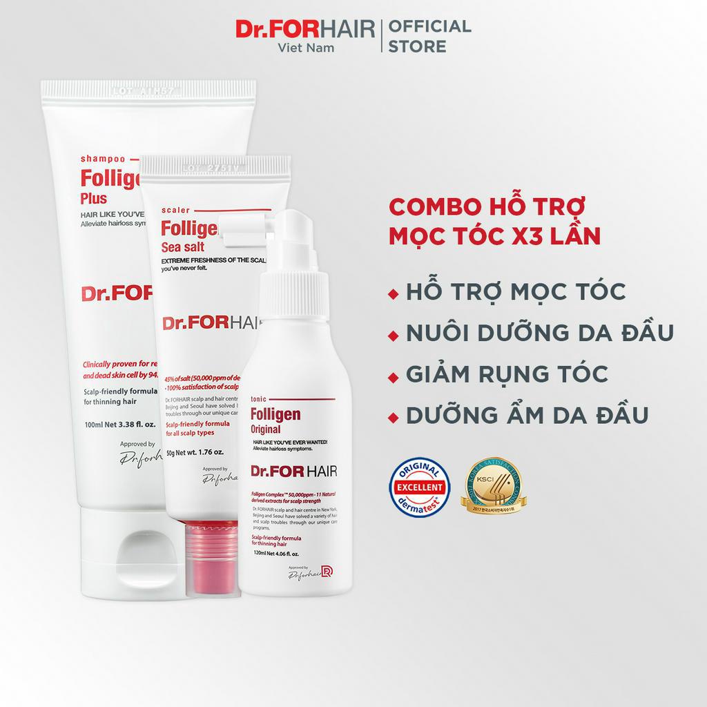 Bộ mini chăm sóc tóc, GIẢM NGỨA và MỌC TÓC của Dr.FORHAIR Folligen Plus x Tonic x Sea Salt Scaler