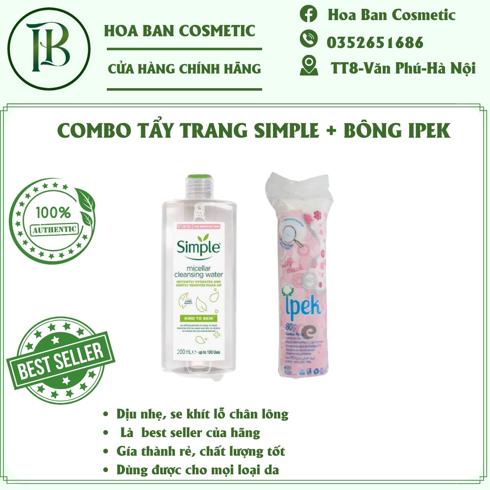 Combo bông tẩy trang ipek 80 miếng + 1 chai nước tẩy trang Simple Micellar Cleansing Water 200ml - - Hoa Ban Cosmetic