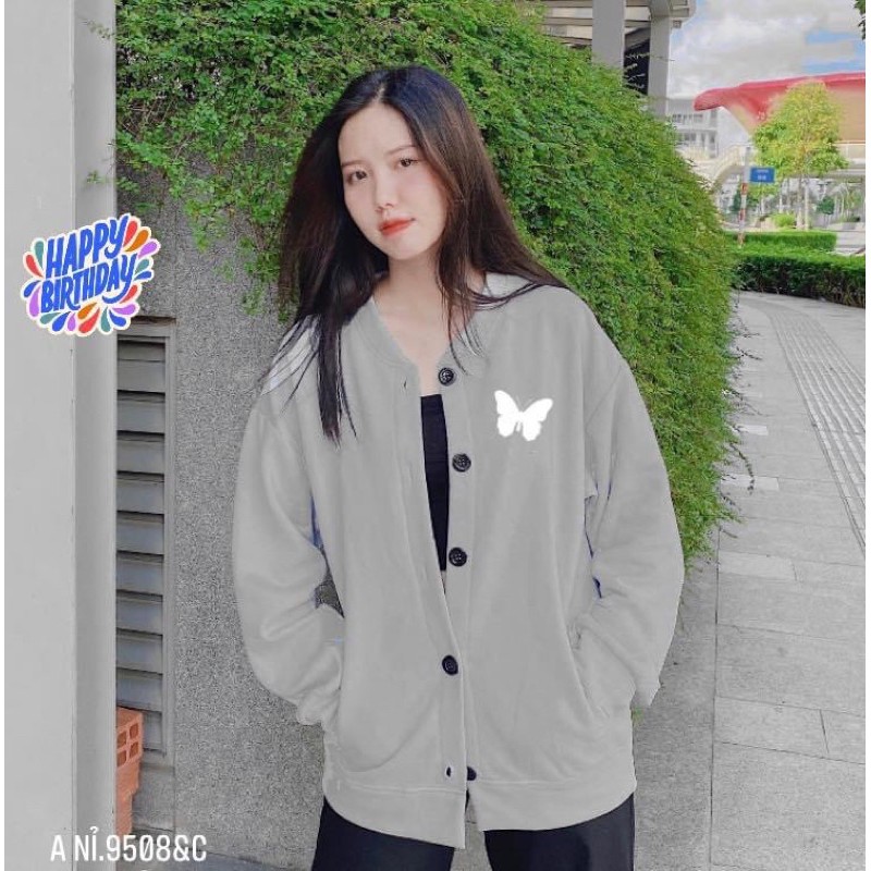 Áo khoác bomber nỉ in bướm - C
