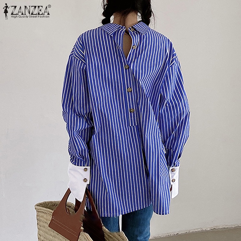 Áo sơ mi ZANZEA tay dài cổ bẻ họa tiết kẻ sọc thời trang dành cho nữ