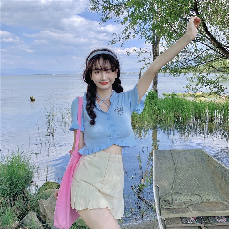 ZHELIHANGFEI grandma Áo Cardigan Dệt Kim Tay Ngắn Thiết Kế Tai Gấu Ngọt Ngào Phong Cách Mùa Hè Niche