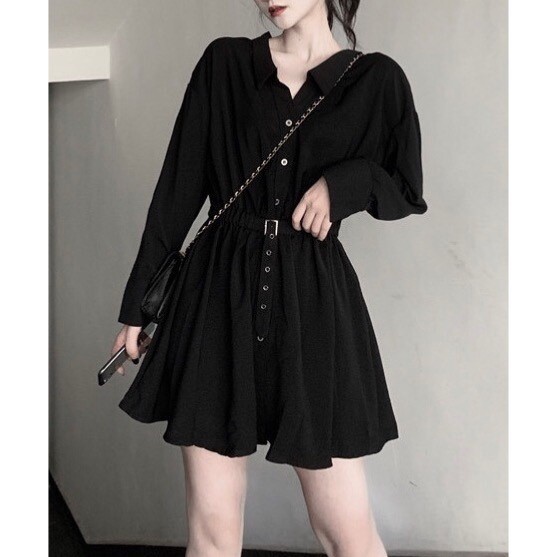 Váy sơ mi HavaDarkwear dây đan lưng kèm đai thắt eo chun dáng xòe cá tính V48
