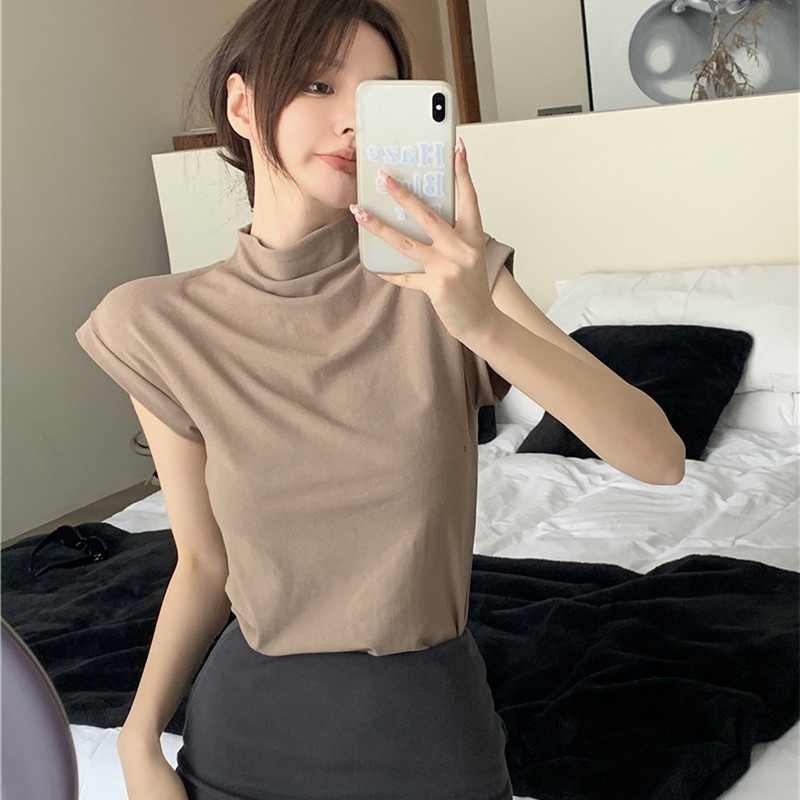 Áo Thun Tay Ngắn Cổ Cao Màu Trơn Dáng Ôm Thời Trang Cho Nữ