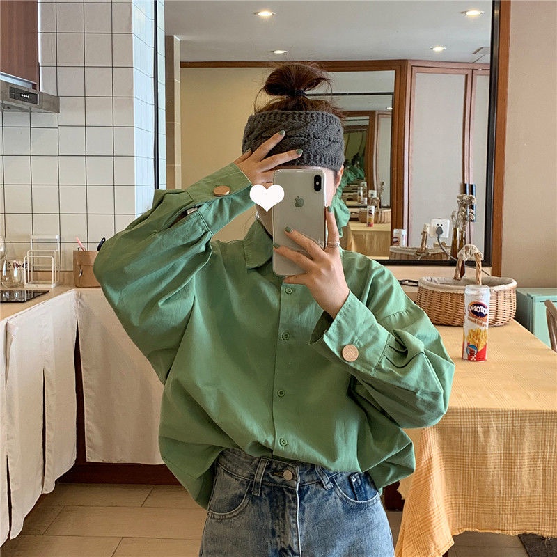 IELGY Áo sơ mi polo tay dài dáng rộng phong cách hàn quốc cổ điển