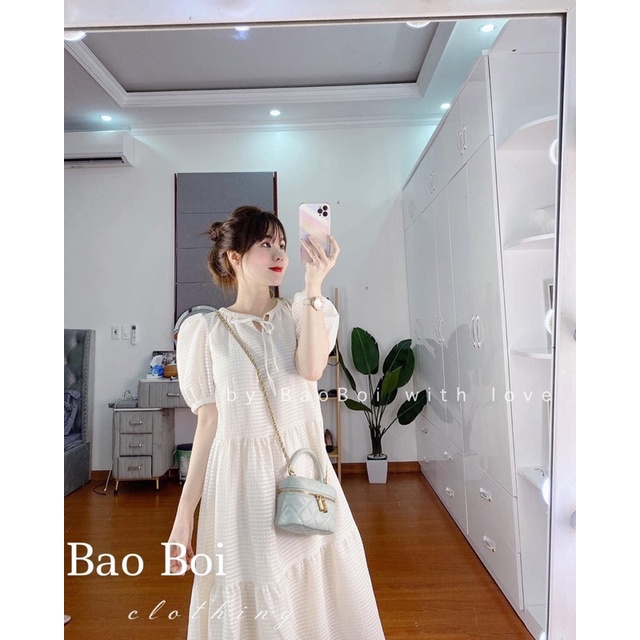 Váy Đũi Xốp Kẻ Kèm Chun Buộc Tóc 3 Màu Siêu Xinh