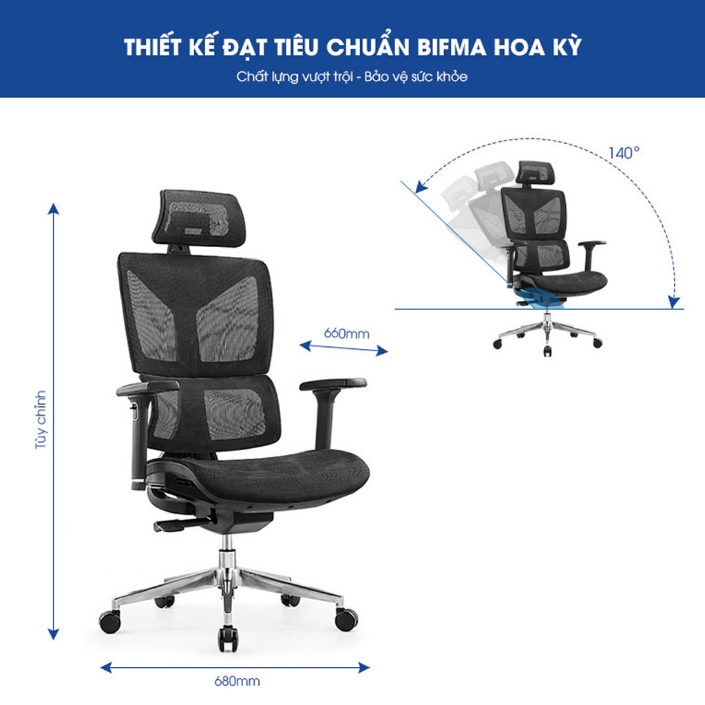 Ghế công thái học Ergonomic GOVI Plato PL11 - Tựa đầu điều chỉnh độ cao, tựa tay 3D nâng hạ, mâm ghế ngả 90-135 độ