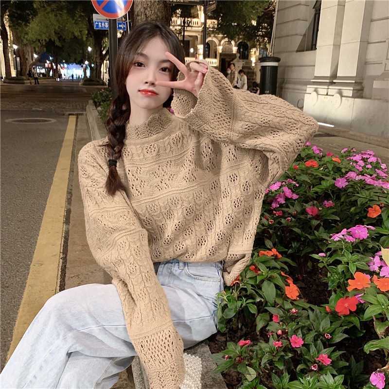 Áo dệt kim cổ cao tay dài dáng rộng thiết kế mới cho nữ