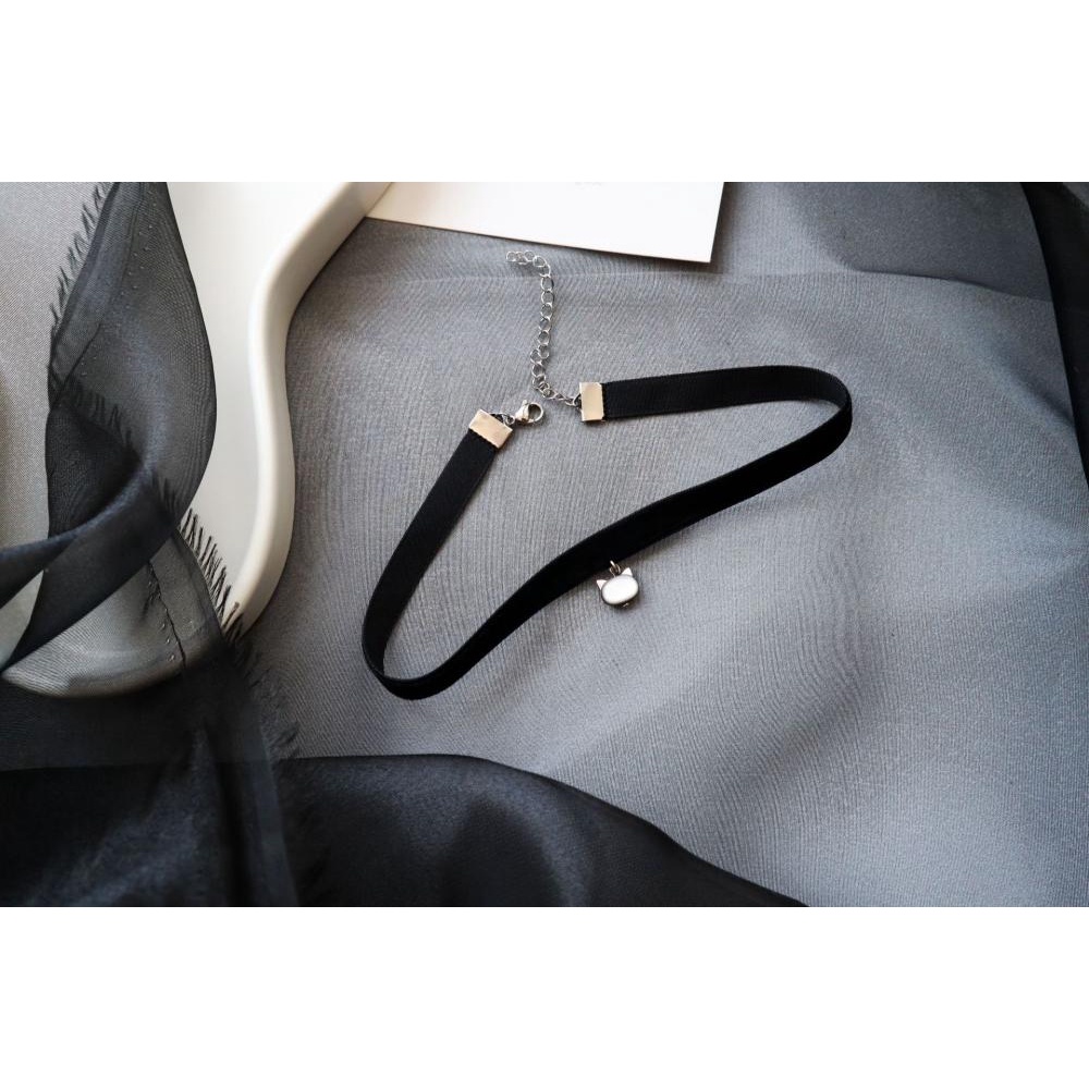 Vòng Cổ Choker Dây Nhung Đen Mặt Mèo Vỏ Sò Tự Nhiên Bằng Thép Không Gỉ