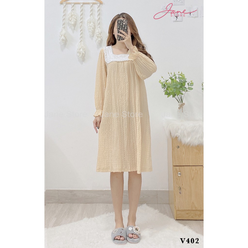Váy ngủ dài tay cổ viền bèo phong cách tiểu thư JANE chất liệu vải đũi 3 màu V4 | BigBuy360 - bigbuy360.vn