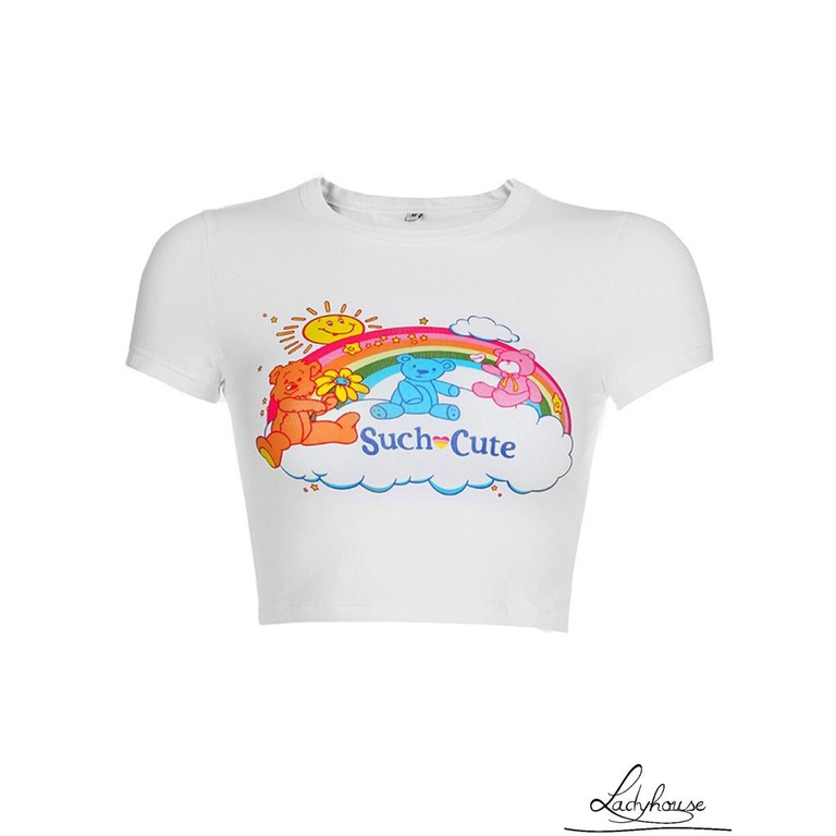 Áo Thun Tay Ngắn Dáng Ôm In Họa Tiết Gấu Màu Cầu Vồng Dễ Thương Thời Trang Mùa Hè Cho Nữ