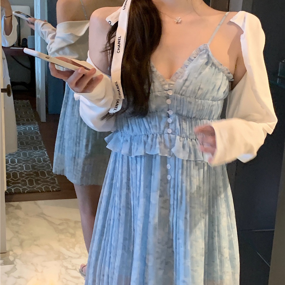 Set đầm hoa hai dây xếp ly + áo khoác cardigan Perty phong cách Hàn Quốc thời trang cao cấp cho nữ