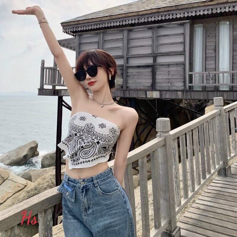 Áo 2 dây khăn yếm thổ cẩm ⚡ Croptop nữ thun bozip có giãn 4 chiều hở lưng gợi cảm ,tôn dáng