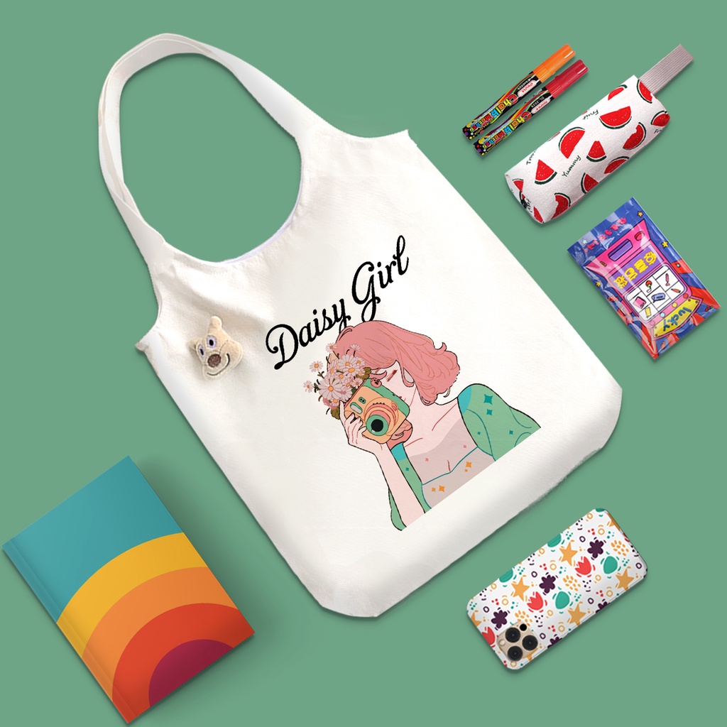 Túi tone quai tròn vải canvas Cô Gái 2 có khóa kéo