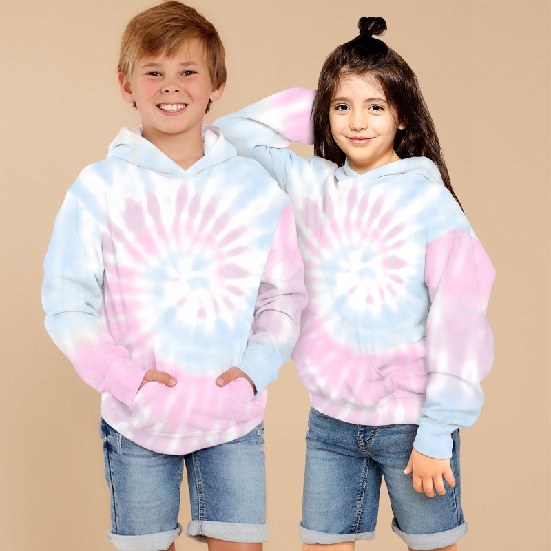 Áo Hoodie Sweatshirt Chui Đầu Dáng Rộng Tay Dài In Màu Nhuộm Xoắn Ốc Nhiều Màu Sắc Có Túi In Họa Tiết Cho Bé Trai