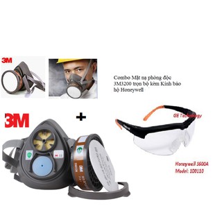 Combo Mặt nạ phòng độc 3M 3200 kèm kính bảo hộ Honeywell dòng S600A
